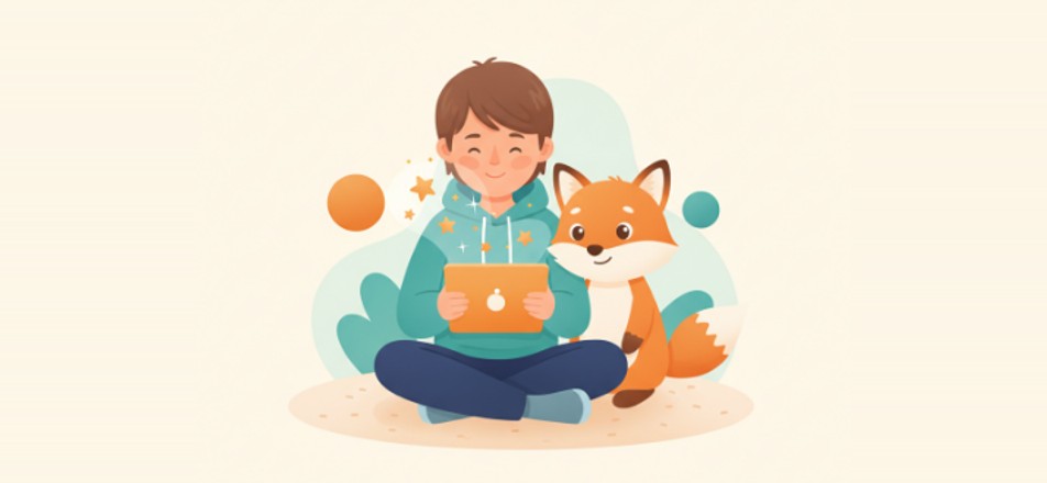 Learning Camp illustration of a child reading with a fox