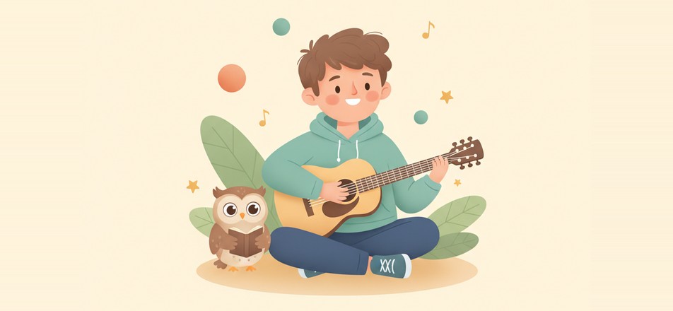 Tempo Lab illustration of a child playing guitar with an owl