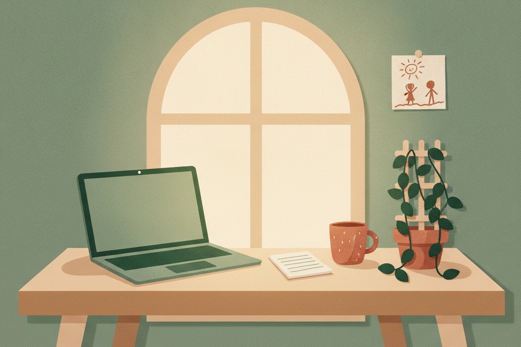 A small studio desk with a laptop, notebook, mug and a plant climbing a trellis