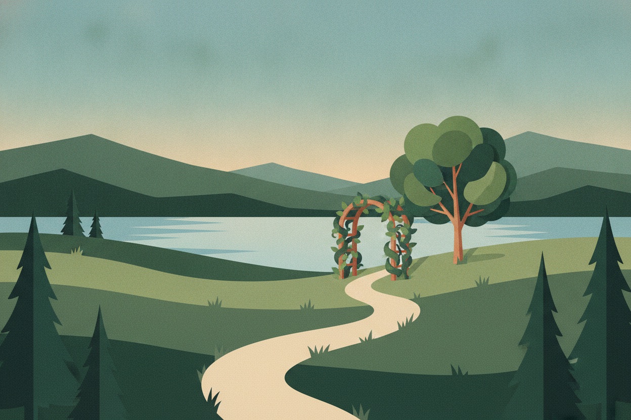 Illustration of a winding path leading to a garden trellis beside a lake